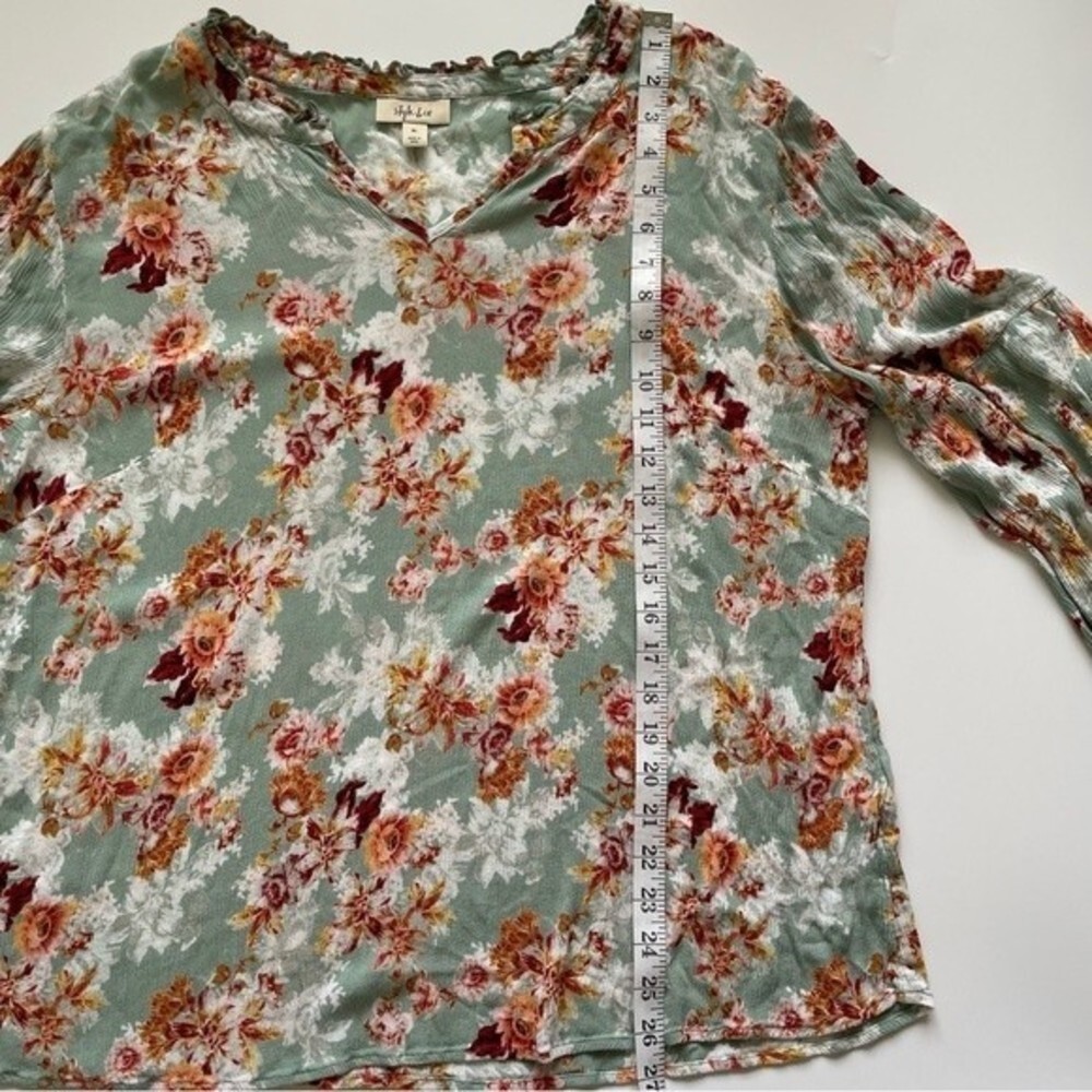 Style & Co - V-neck Ruffle Top Green & Rust Floral Print, XL - Picture 9 of 11